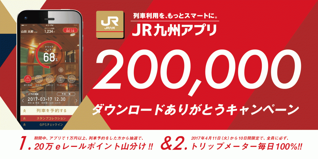 JR九州アプリ「20万ダウンロードありがとうキャンペーン」の画像